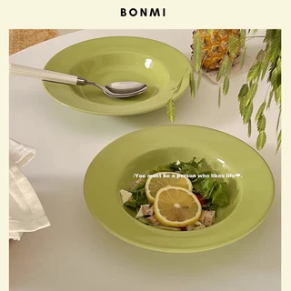 Đĩa gốm Pasta, đĩa gốm mũ rơm màu xanh min phong cách Hàn Quốc Bonmi Decor