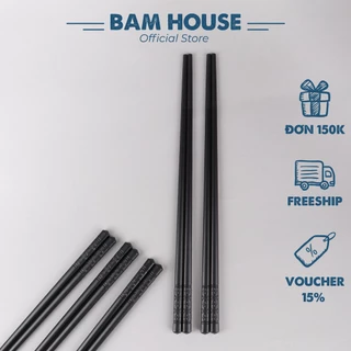 Set 10 đôi Đũa nhựa chịu nhiệt Bam House màu đen đầu nhám đuôi trạm hoạ tiết cao cấp DDN05