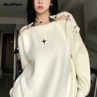 Honypove Áo Sweater Dệt Kim Trễ Vai Một Bên Phối Nút Thời Trang Mùa Thu 2022