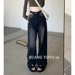 kumikumi Quần jeans Nữ Lưng Cao Ống Rộng Thời Trang Hàn Quốc