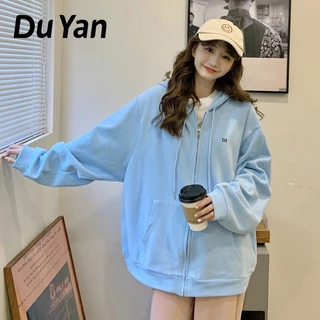 Áo khoác DU YAN tay dài có nón in chữ plus size phong cách Hàn Quốc cho nữ