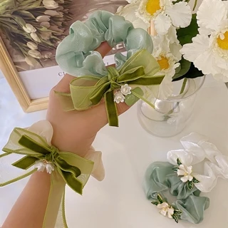 Scrunchies hoa chuông lá xanh vải phi bóng phong cách nàng thơ ngọt ngào S03