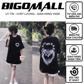 Áo thun tay lỡ Tim Khói Chữ Lồng chất cotton BIGOMALL - Áo phông nam nữ unisex freesize form rộng 65kg