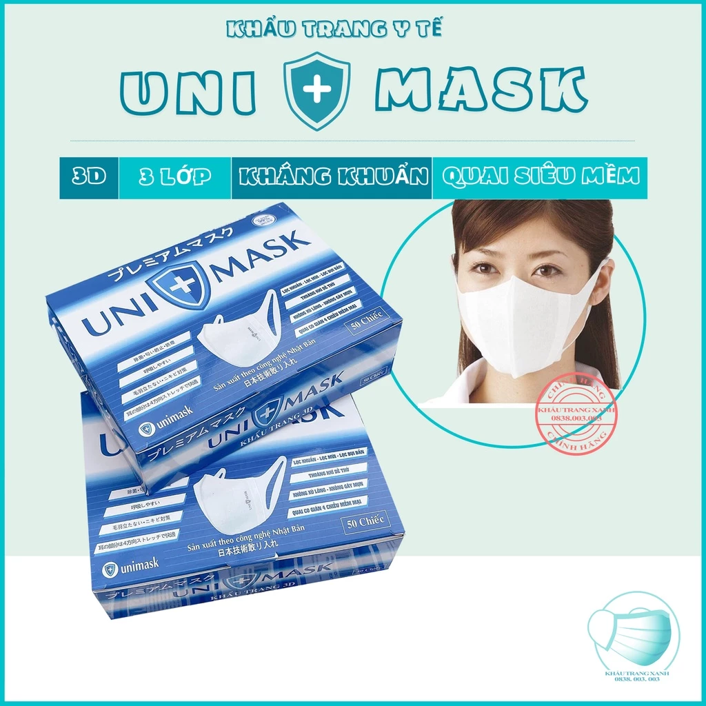 [ Hộp 50 Chiếc ] Khẩu trang y tế 3D UNI MASK Công Nghệ dập Nhật Bản phom ôm Sát Mặt và quai mềm - khautrangxanh