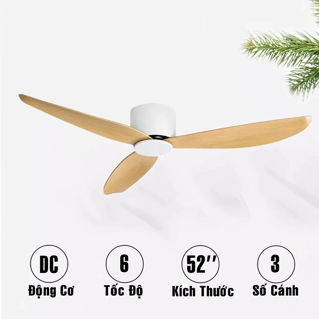 Quạt Trần thấp đơn giản động cơ DC JF-2000 trang trí phòng khách phòng ngủ 3 cánh nhựa ABS vân gỗ 52inch