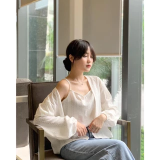 SET 2 MÓN THÔ XƯỚC 2 DÂY MỎNG doubleh.clo - Set thô trắng áo 2 dây kèm áo khoác cardigan mỏng tay bo họa tiết chìm #2030