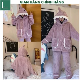 Bộ ngủ lông KHỦNG LONG TÍM, bộ mặc nhà, pijama, quần áo ngủ dài tay thu đông xuân, lông cừu dễ thương, ấm áp - LAMASS