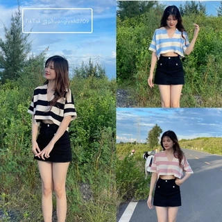 Áo len dệt kim croptop , áo croptop cổ v kẻ sọc đơn giản PLA82