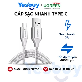 Cáp sạc và truyền dữ liệu UGREEN US288 cổng Type-c, độ dài từ 0.25m đến 2m, dòng 3A, đầu nhôm vỏ nylon