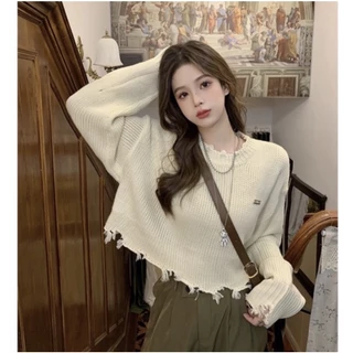 Áo sweater dài tay dệt kim cổ tròn phong cách Hàn Quốc nữ Famos