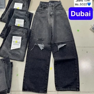 QUẦN JEANS CHẤT BÒ, ỐNG SUÔNG RỘNG RÁCH LOANG 2 MÀU ĐEN CẠP CAO DÀI CHÂN SIÊU TÔN DANG CAO CẤP - DUBAI FASHION