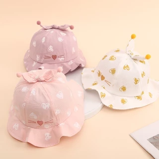 Mũ Tai Bèo Vải Cotton Mềm Thêu Họa Tiết Trái Tim Hoạt Hình Đính Nơ Xinh Xắn Cho Bé Sơ Sinh