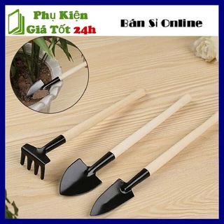 C154_Bộ 3 món cuốc xẻng mini làm vườn trồng tiểu cảnh - Set 3 dụng cụ xẻng  và đồ cào đất mini làm vườn với tay cầm gỗ