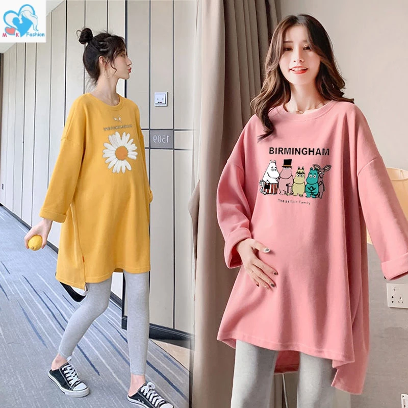 Mom&Kids Ready Stock Set Áo Thun Dài Tay Cổ Tròn + Quần Lửng Thời Trang Cho Mẹ Bầu