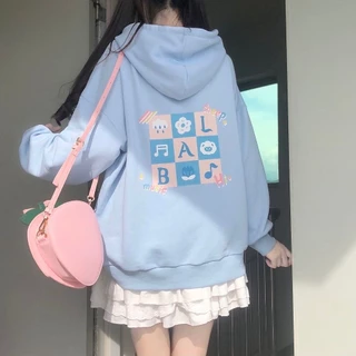 Áo Hoodie Mỏng Màu Xanh Dương In Họa Tiết Dễ Thương Phong Cách Nhật Bản Cho Nữ