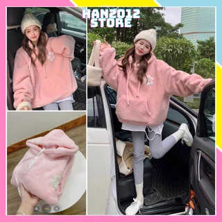 Áo hoodie nữ họa tiết hoa màu hồng paste form rộng tay phồng có túi trước oversize chất nỉ lông dày dặn