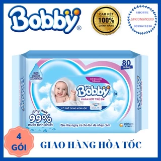 [4 gói] Khăn ướt Bobby không hương -gói 80 miếng