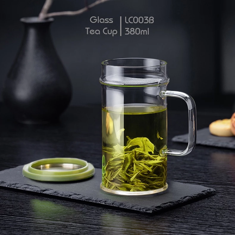Ly lọc trà thủy tinh chịu nhiệt LC003A 380ml (Xám / Xanh / Nâu ) - Cốc trà thủy tinh có lọc trà bán nguyệt Samahome Shop