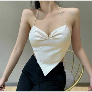 áo yếm hở lưng tà nhọn, áo croptop cột dây có mút ngực màu đen trắng kiểu hàn quốc tôn dángL27