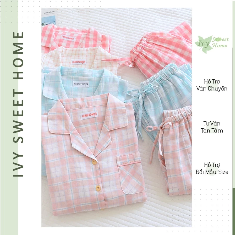 Pijama Sau Sinh Vải Xô ♥️ Đồ Bộ Bầu Mát Thấm Mồ Hôi ♥️ IVY641