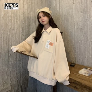 Áo sweater XINLANYASHE dày dáng rộng cổ polo phong cách Hàn Quốc thời trang cho nữ