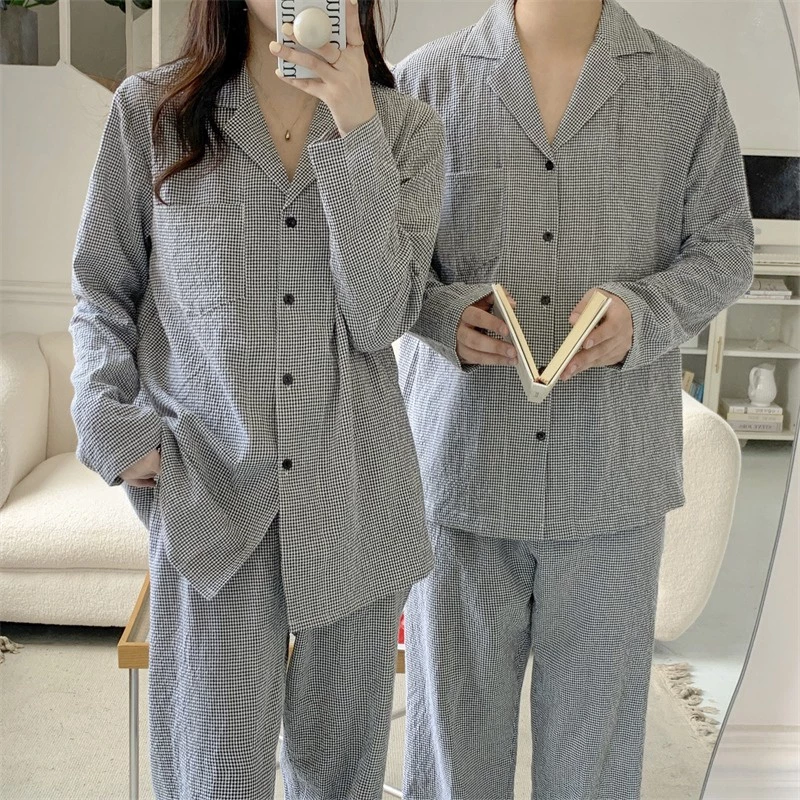 [Sẵn] BN53_Bộ ngủ pijama đôi nam nữ cotton dài tay hoạ tiết kẻ xám phong cách basic Nhật Bản