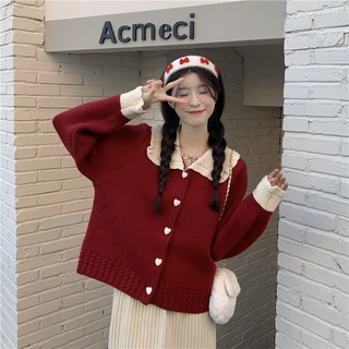 🌻 áo croptop tay dài  cardigan Áo Cardigan Dệt Kim Tay Dài Cổ Búp Bê Màu Sắc Tương Phản Thời Trang Mùa Xuân 2022