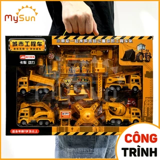 Bộ đồ chơi mô hình xe CÔNG TRÌNH cho bé trai: Cần cẩu, Xe Ben, Xe Tải, Trộn bê tông – MySun