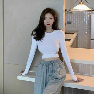 Áo borip croptop dài tay khoét eo mới 2 màu đen trắng