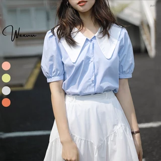 Áo sơ mi nữ Wexuu Design áo kiểu tay bồng cổ phối màu trẻ trung chất lụa trơn hàng đẹp- SM149K2 xanh