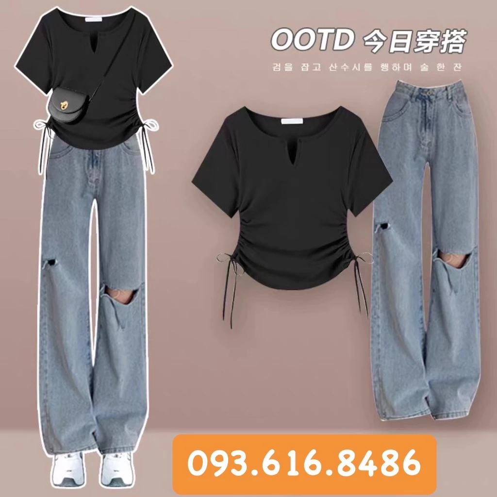 Áo croptop cổ chữ V xẻ dây rút hông tôn dáng, áo thun nữ tay ngắn A2681