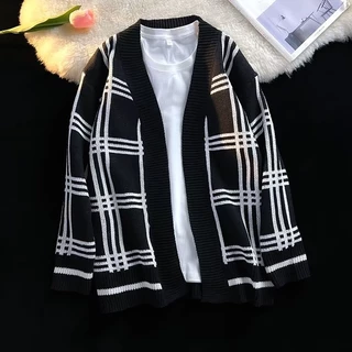 Áo Khoác Cardigan Dệt Kim Tay Dài Dáng Rộng Cổ Chữ V Sọc Ca Rô Thời Trang Cao Cấp Cho Nam