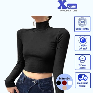 Áo croptop tay dài cổ lọ phong cách Hàn Quốc Xquin, Áo kiểu nữ tay dài ôm body chất thun gân mềm mịn