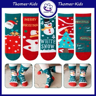 [THOMAS KIDS] Một bộ năm đôi tất giáng sinh cho trẻ em 1-12 tuổi bông hoạt hình Santa người tuyết trong ống tất