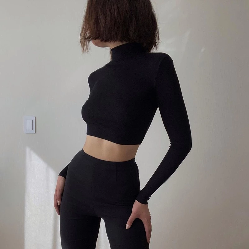 【Có hàng tồn kho tại chỗ】Áo Thun Crop Top Tay Dài Cổ Lọ Màu Sắc Đơn Giản Thời Trang Mùa Thu Dành Cho Nữ