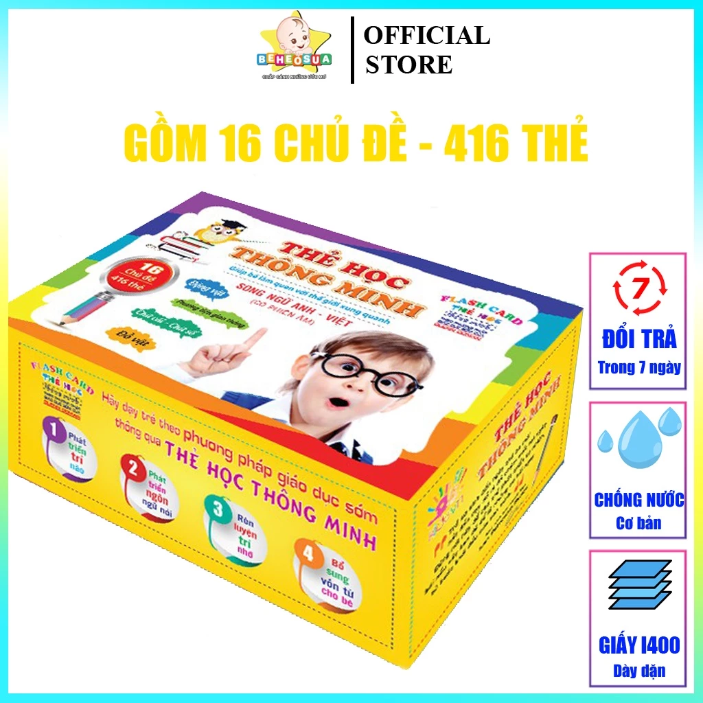 Thẻ học thông mình cho bé song ngữ gồm 16 chủ đề với 416 thẻ