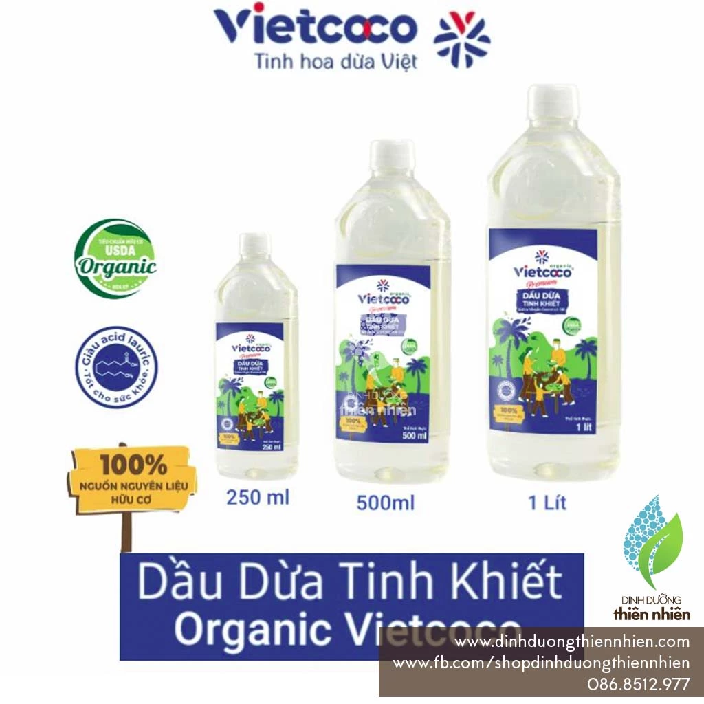 Dầu Dừa Tinh Khiết Hữu Cơ Premium VietCoCo Organic Extra Virgin Coconut Oil, 250ml