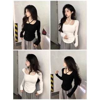 Áo kiểu croptop tay dài tà bầu phối dây đính cho nữ