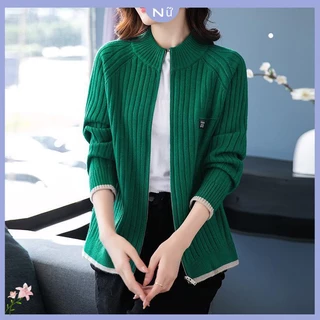 Áo Khoác Cardigan Len Dệt Kim Cổ Đứng Dáng Rộng Phối Khóa Kéo Thời Trang Xuân Thu 2022 Cho Phụ Nữ Trung Niên