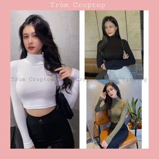 Áo croptop nữ cổ lọ tay dài chất thun gân 3 màu đen trắng xanh rêu form ôm body cực đẹp dễ phối