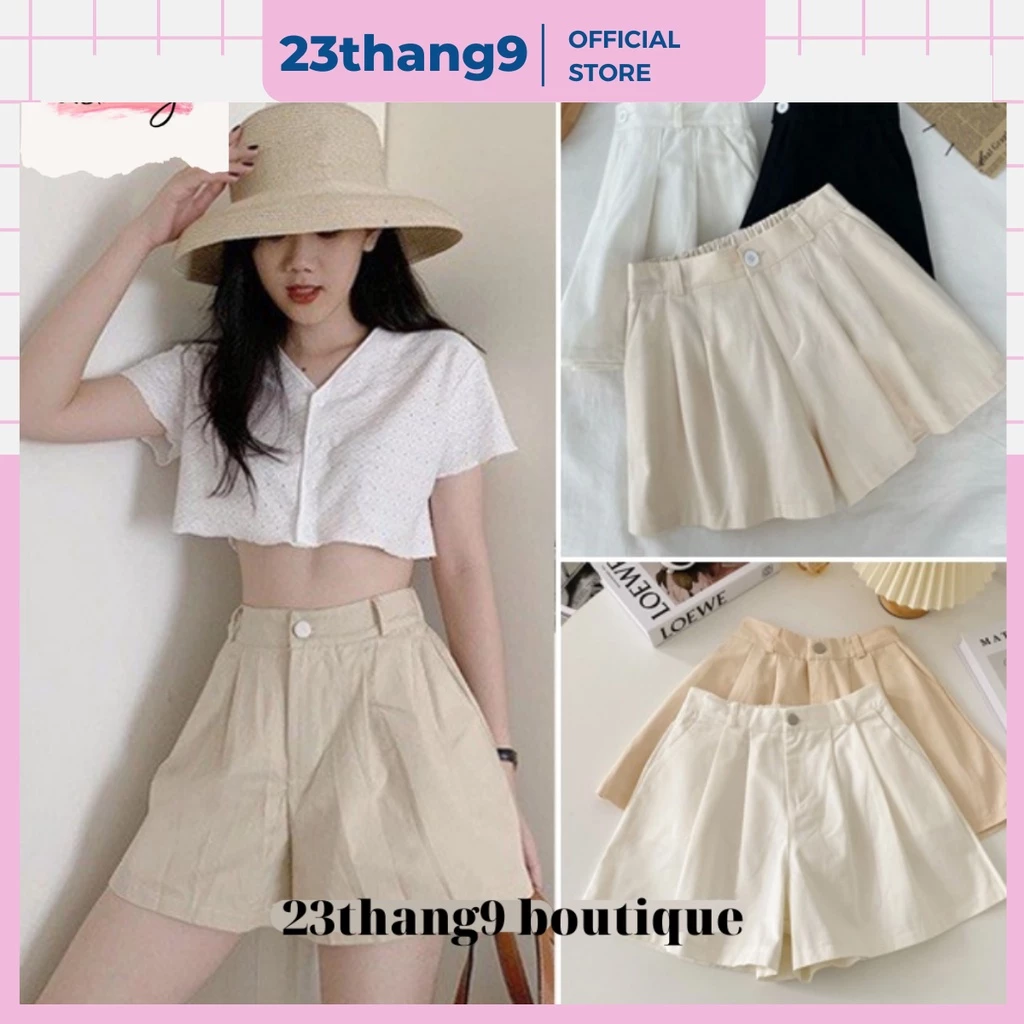 Quần short nữ quần đùi ống rộng nữ cạp cao xếp ly chun sau vải đũi cao cấp màu trắng màu đen be 806