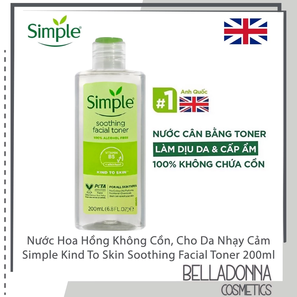 Nước Hoa Hồng Không Cồn Dành Cho Da Nhạy Cảm, Dễ Nổi Mụn Simple Kind To Skin Soothing Facial Toner 200ml