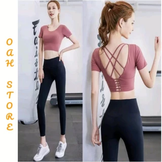 Bộ đồ thể thao nữ tập gym yoga aerobic áo croptop đan dây chéo lưng