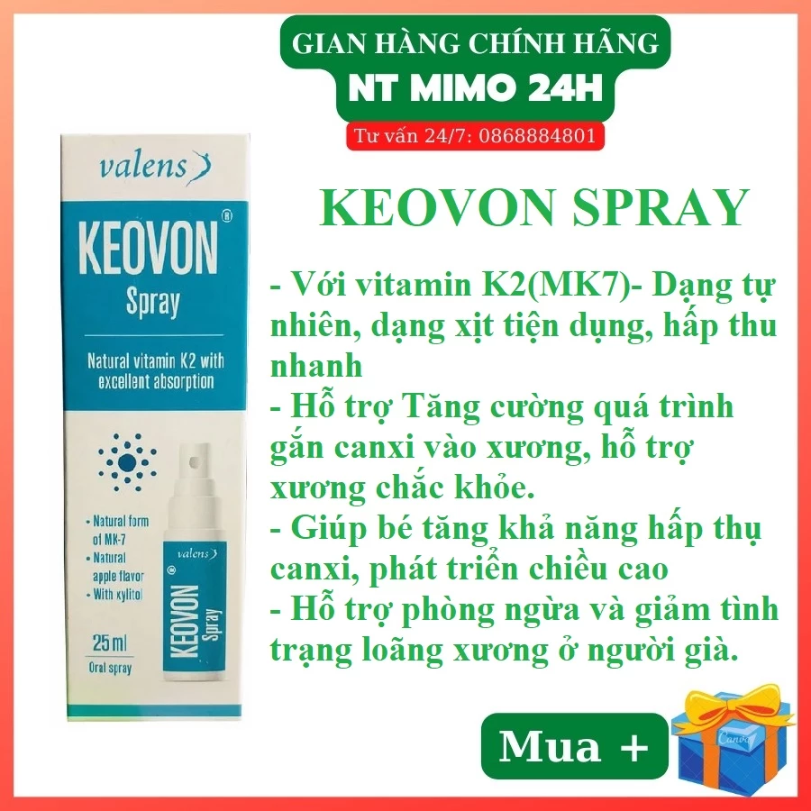 [ Quà tặng ngẫu nhiên ] Vitamin Keovon K2 Mk7 Dạng Xịt Giúp Hấp Thu Chuyển Hóa Tối Đa Canxi Cho Bé Từ Sơ Sinh