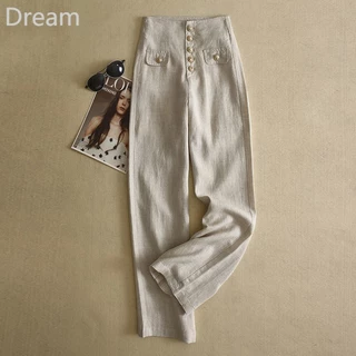 High waist wide leg pants women's thin cotton and linen loose slimming straight tube linen casual buckle pants women