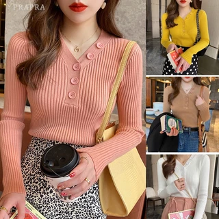 Áo Sweater Dệt Kim Tay Dài Dáng Rộng Cổ Chữ V Phối Nút Đơn Giản Phong Cách Hàn Quốc Cho Nữ