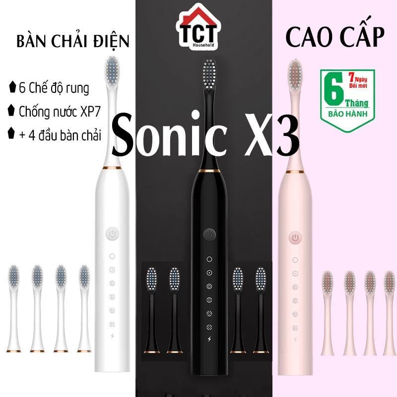 Bàn chải điện đánh răng tự động SONIC X3 CHÍNH HÃNG chống nước IPX7 Kèm 4 bàn chải siêu mềm