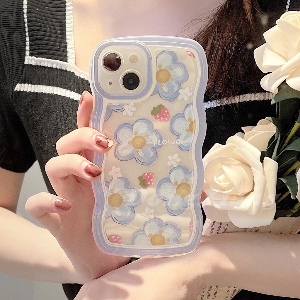 Case For IPhone 14 14 PRO MAX 11 PRO 11 PRO MAX 12 12 PRO 12 PRO MAX IPhone 13 Pro Max X XR XS MAX 6 6S 7 8 Plus SE 2020 Strawberry Flowers Resistant Wave Edge TPU Case DGX