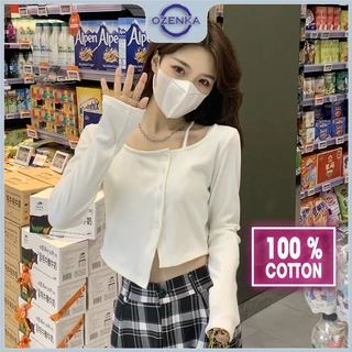 Áo croptop nữ tay dài cài khuy vạt lệch Ozenka , áo crt kiểu Hàn Quốc điệu đà sang chảnh màu đen trắng dưới 55 kg