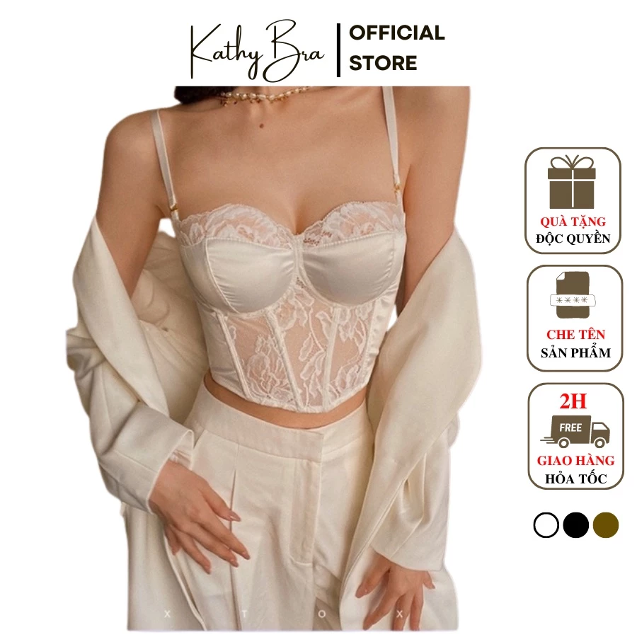 A42 Áo Corset KATHY BRA Chất Lụa Cao Cấp  2 Dây Dáng Croptop Mút Vừa Siêu Sang Chảnh QC